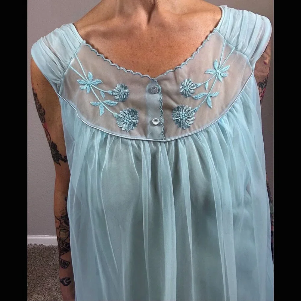 60s Bright Blue Babydoll Double Layer Lingerie Embroidered Floral Mod Pinup M L - Picture 5 of 15